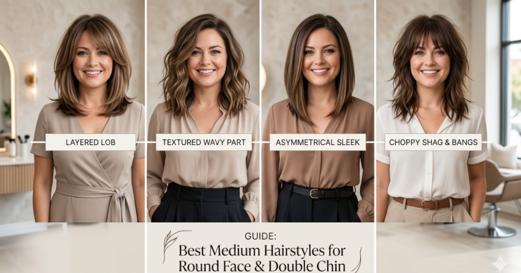 Best Medium Hairstyles for Round Face & Double Chin